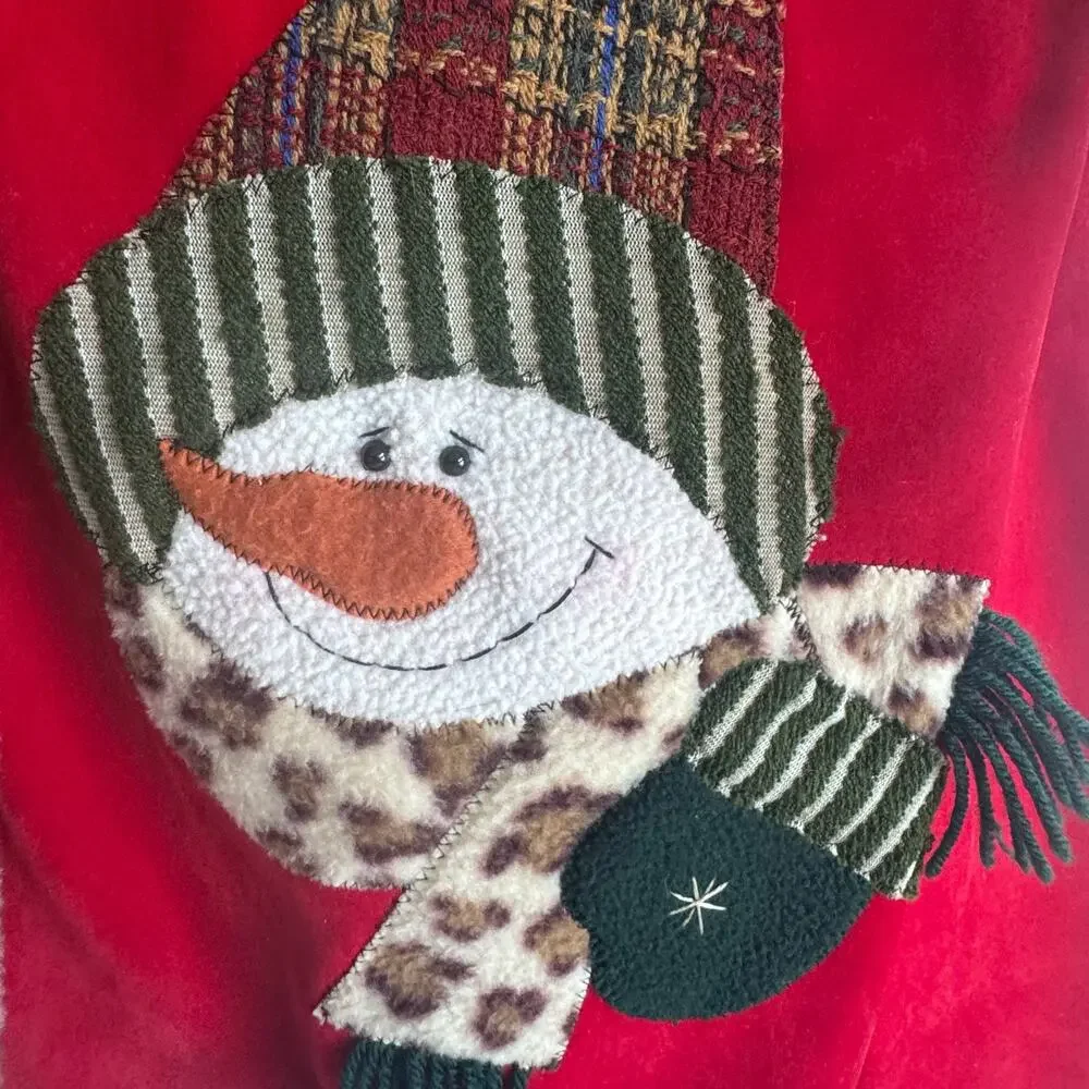 VTG Holiday Christmas Snowman Cardigan Embroidered Velour Leopard Accent Large
